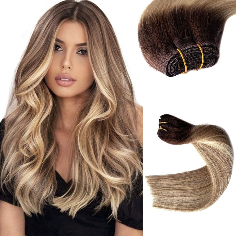 Sew in Hair Extensions Real Human Hair Bundles Ombre Brown Balayage Golden Blonde Weft 20 Inch 100G Hand Tied for Women